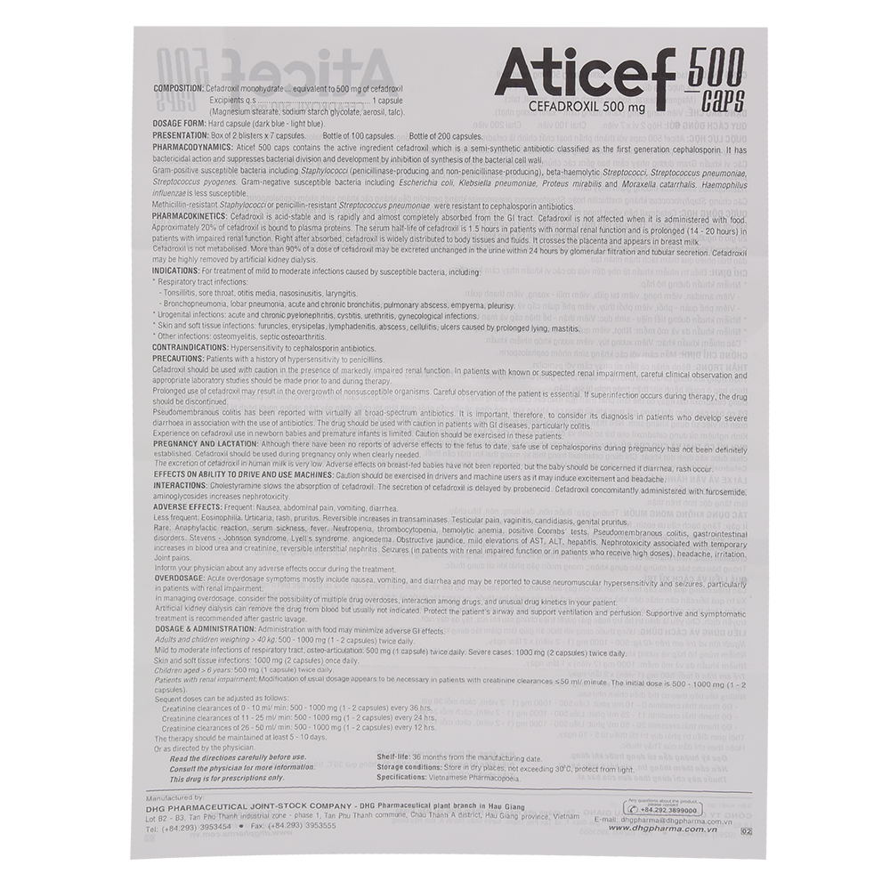 Aticef 500 CAPS (Xanh dương đậm-Xanh dương nhạt) Hộp 2 vỉ x 7 viên DHG