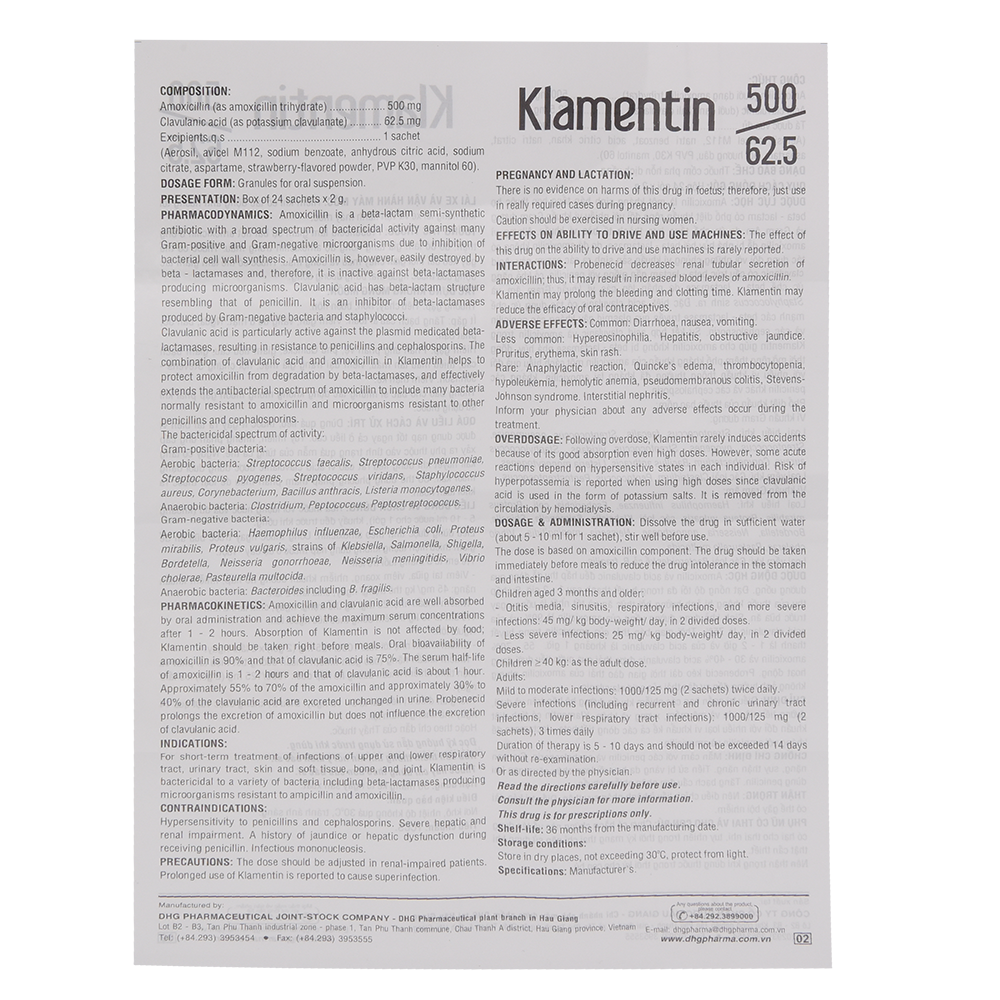 Klamentin 500/62.5 Hộp 24 gói x 2g DHG