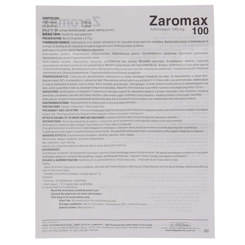 Zaromax 100 Hộp 24 gói x 0,75g DHG