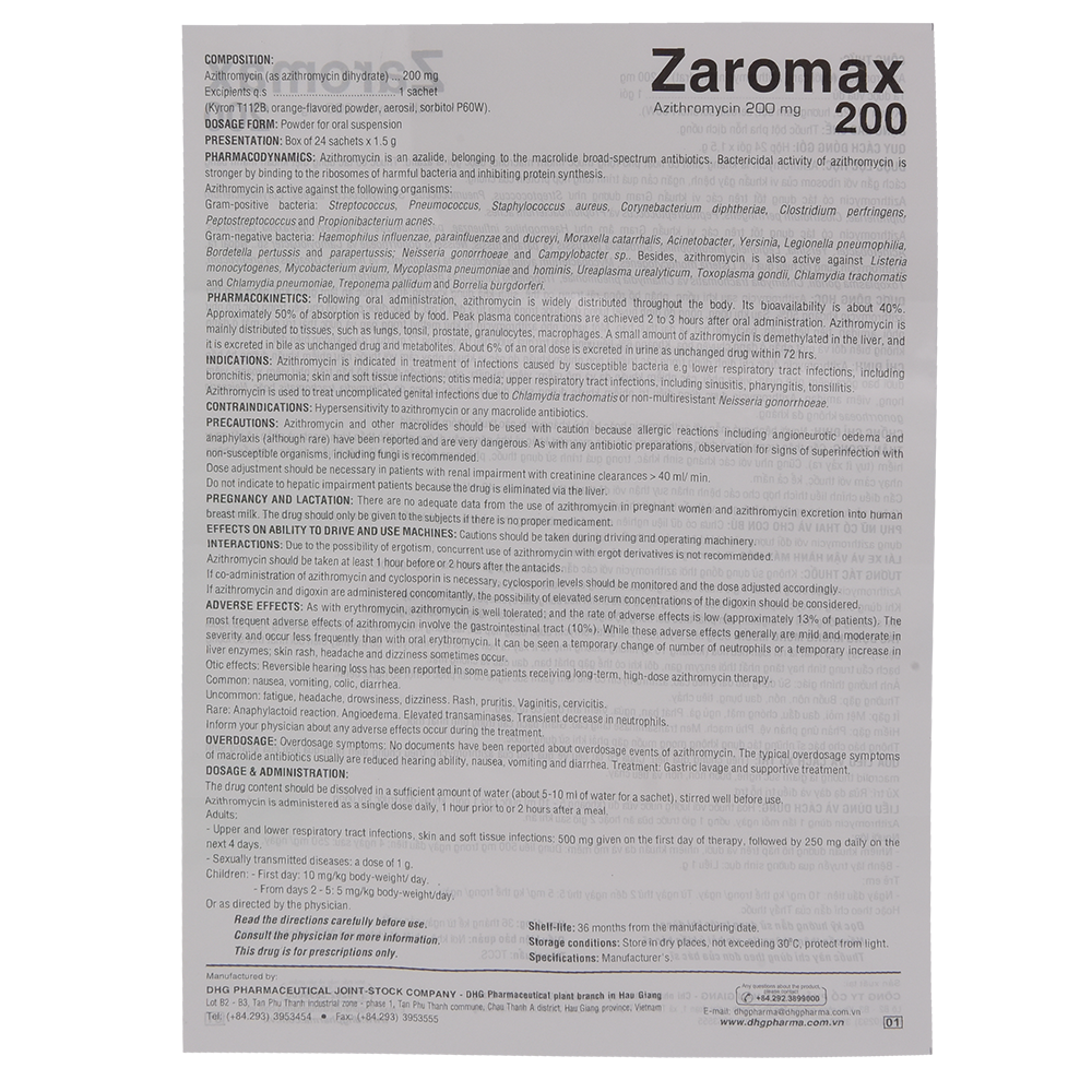 Zaromax 200 Hộp 24 gói x 1,5g DHG