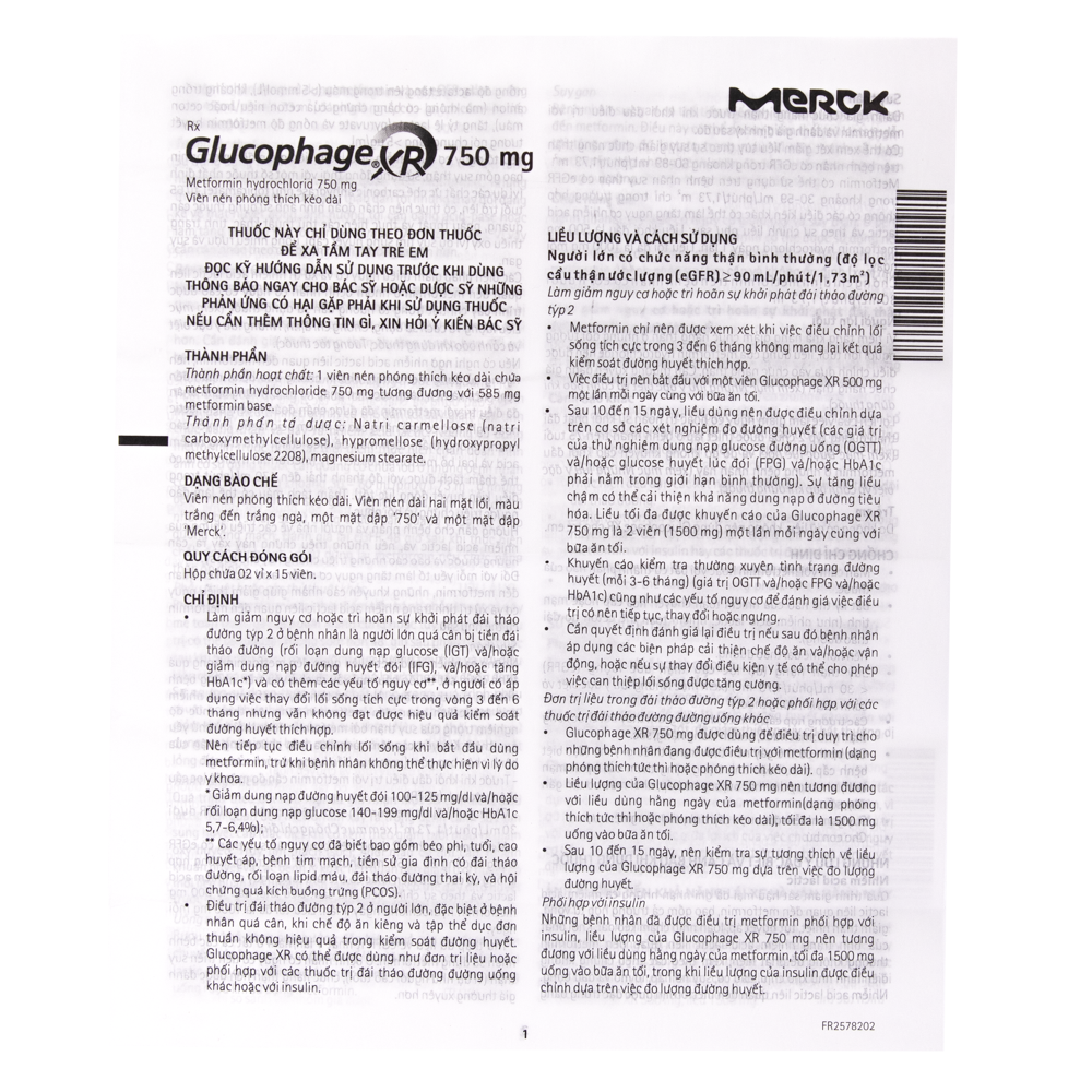 Glucophage XR Tab 750mg Hộp 3 vỉ x 10 viên Merck