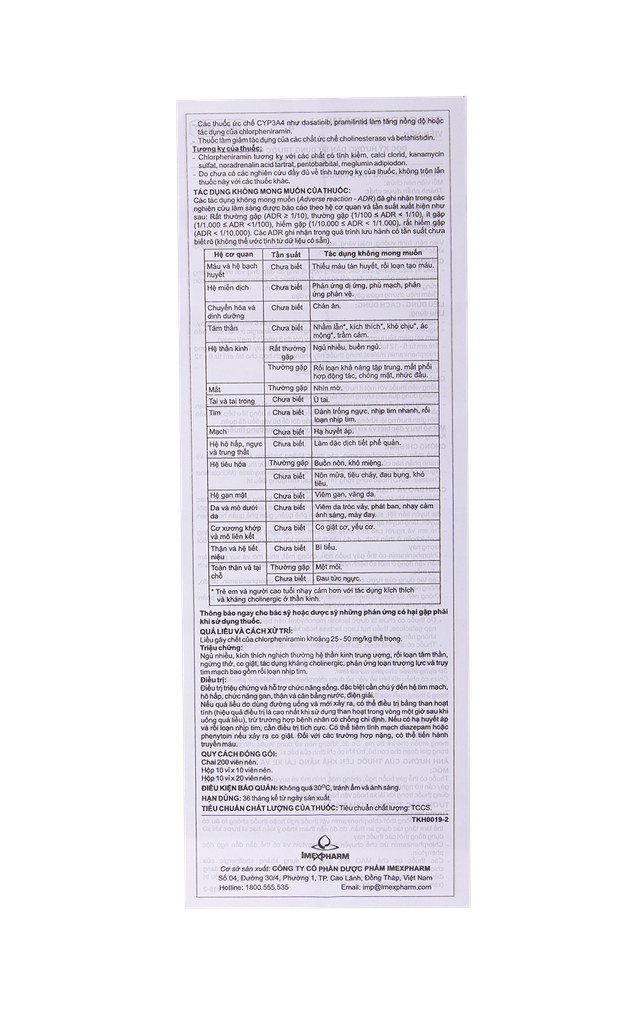 Chlorpheniramin 4 mg chai 200 viên Imexpharm