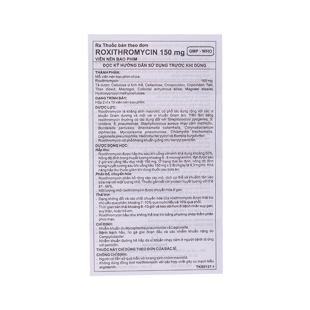 Roxithromycin 150 mg Hộp 2 vỉ x 10 viên Imexpharm