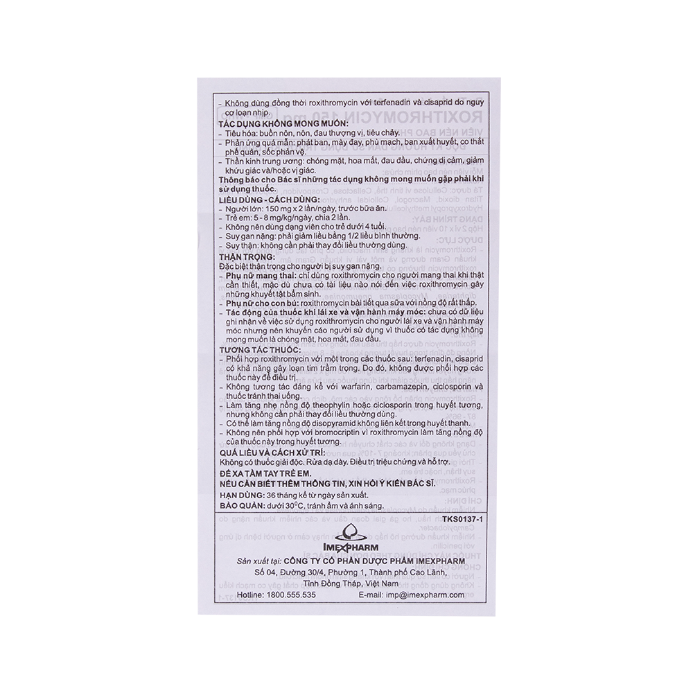 Roxithromycin 150 mg Hộp 2 vỉ x 10 viên Imexpharm