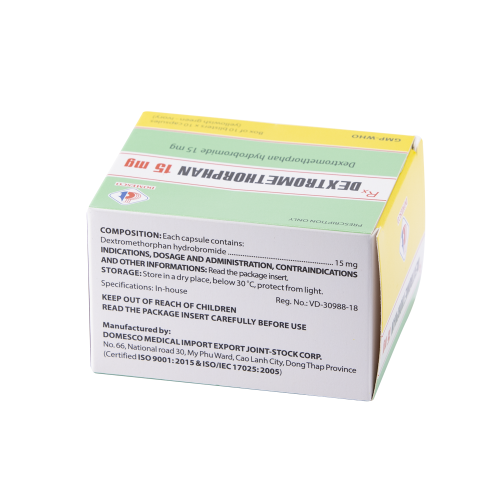 Dextromethorphan 15 mg Hộp 10 vỉ x 10 viên Domesco