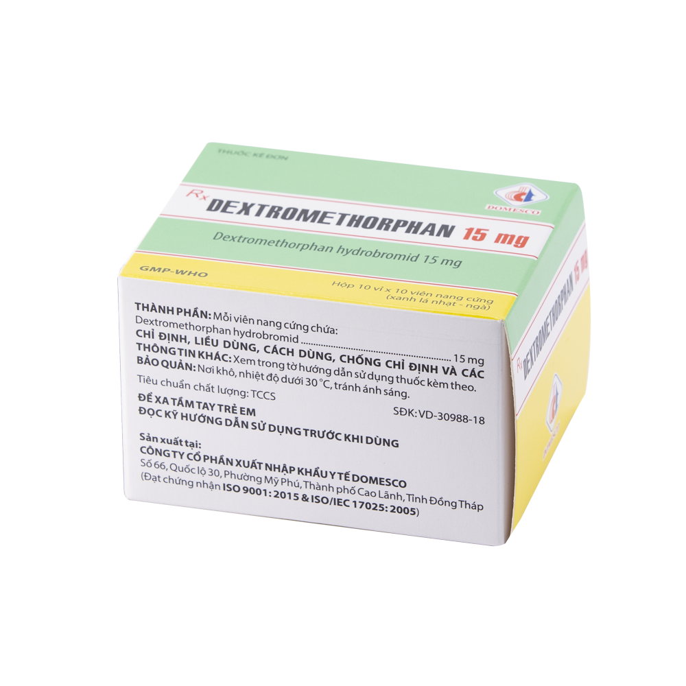 Dextromethorphan 15 mg Hộp 10 vỉ x 10 viên Domesco