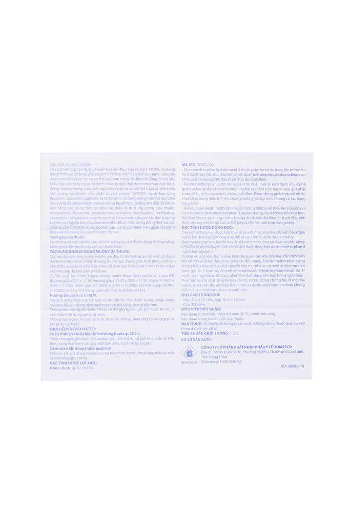 Dextromethorphan 15 mg Hộp 10 vỉ x 10 viên Domesco