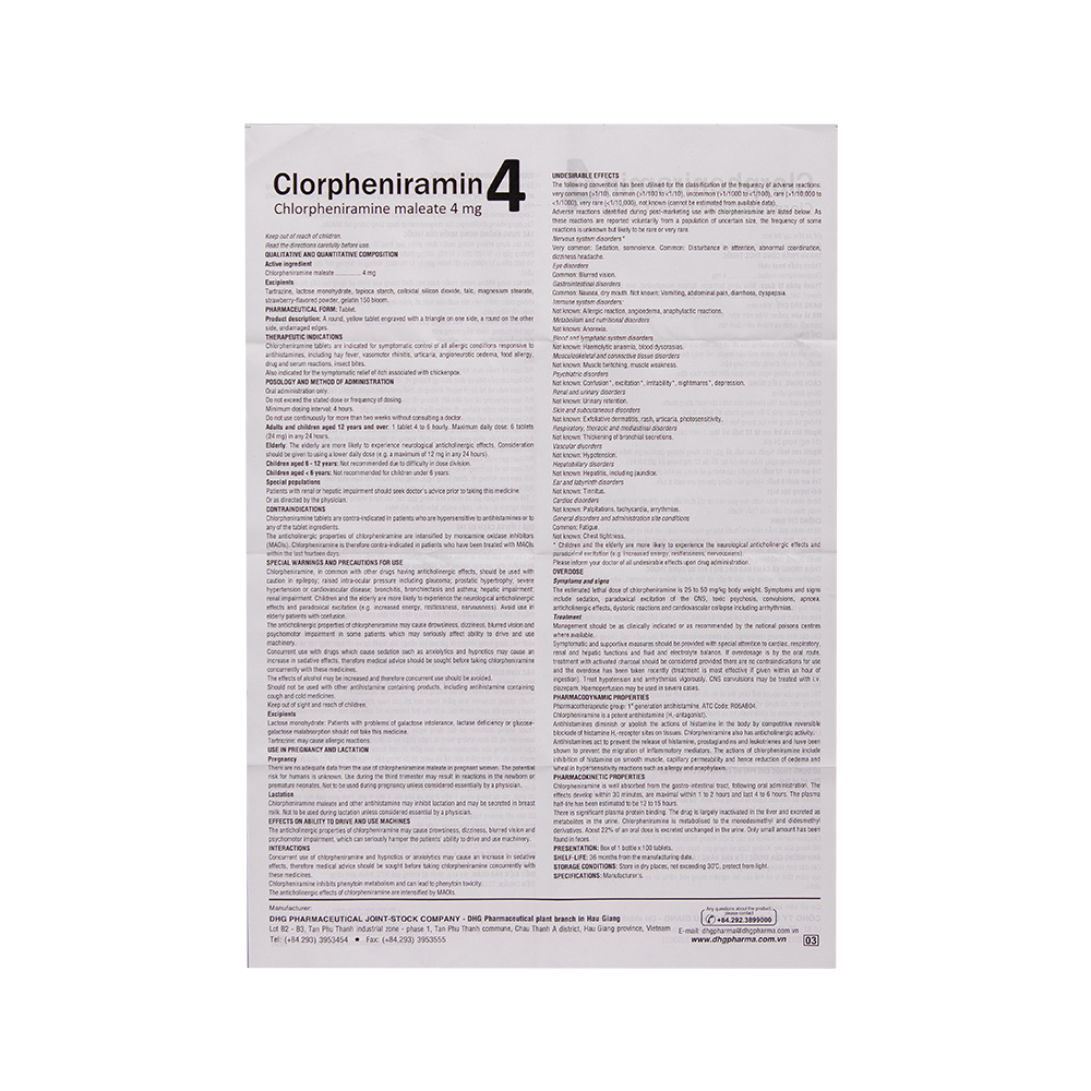 Clorpheniramin 4 Chai 100 viên DHG