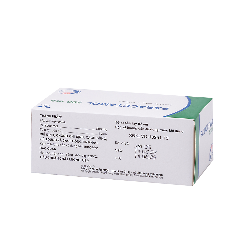 Paracetamol 500mg H/100 Hộp 10 Vỉ x 10 Viên Bidiphar