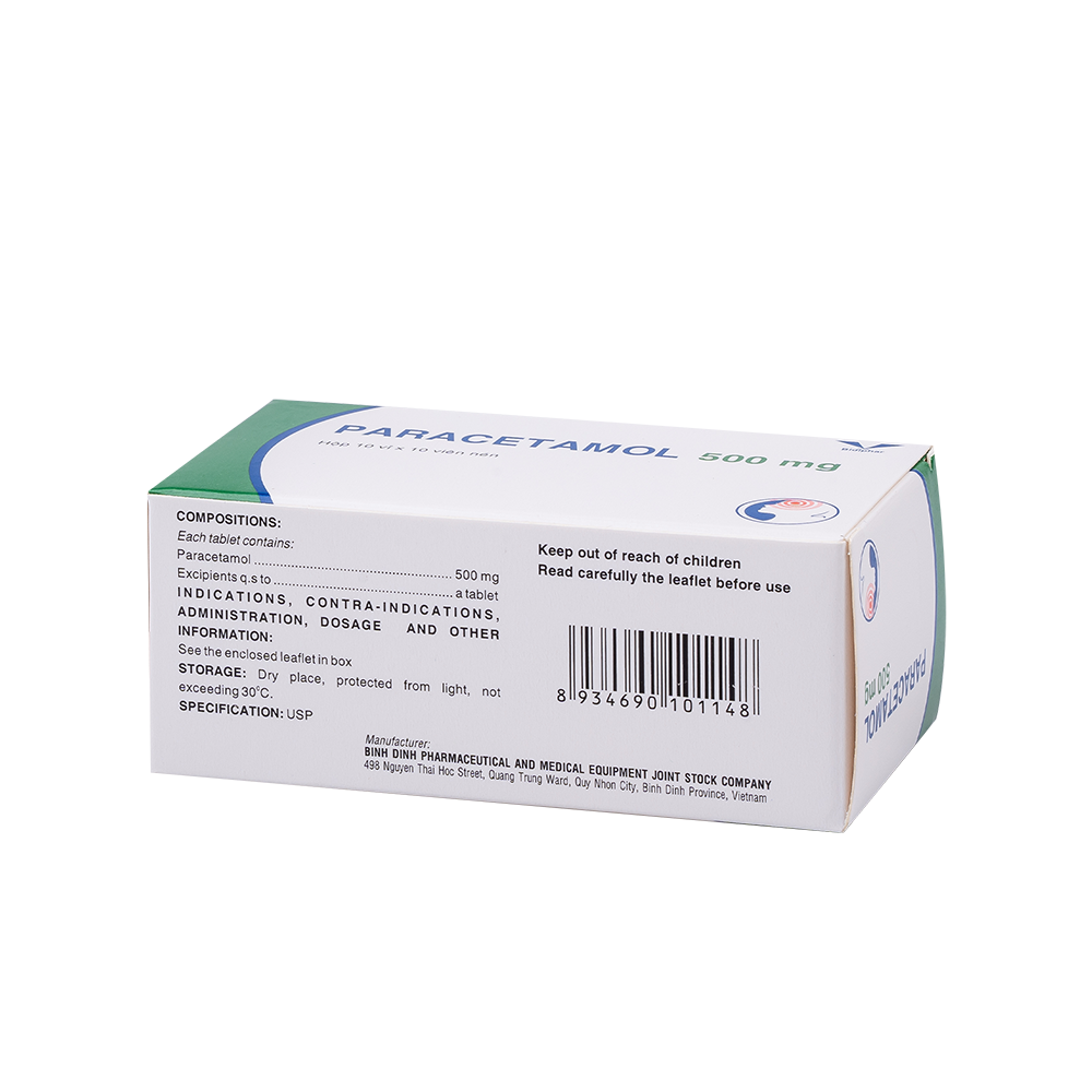 Paracetamol 500mg H/100 Hộp 10 Vỉ x 10 Viên Bidiphar