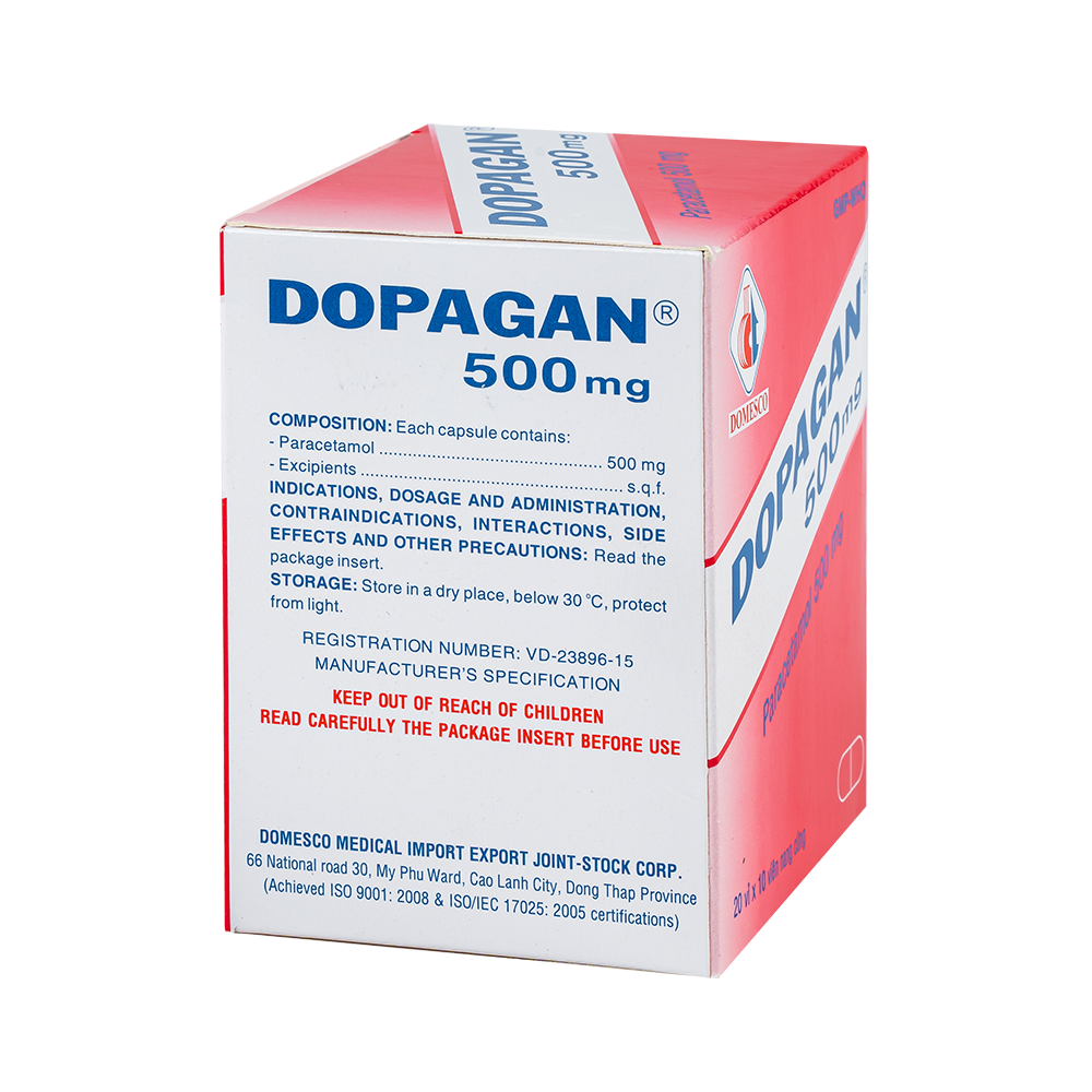 Dopagan 500 mg Hộp 20 vỉ x 10 viên Domesco