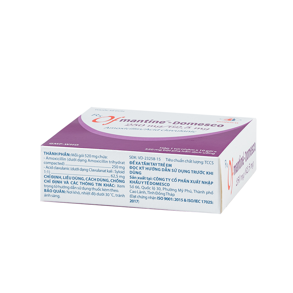 Ofmantine-Domesco
 250 mg/62,5 mg Hộp 10 gói x 520mg Domesco