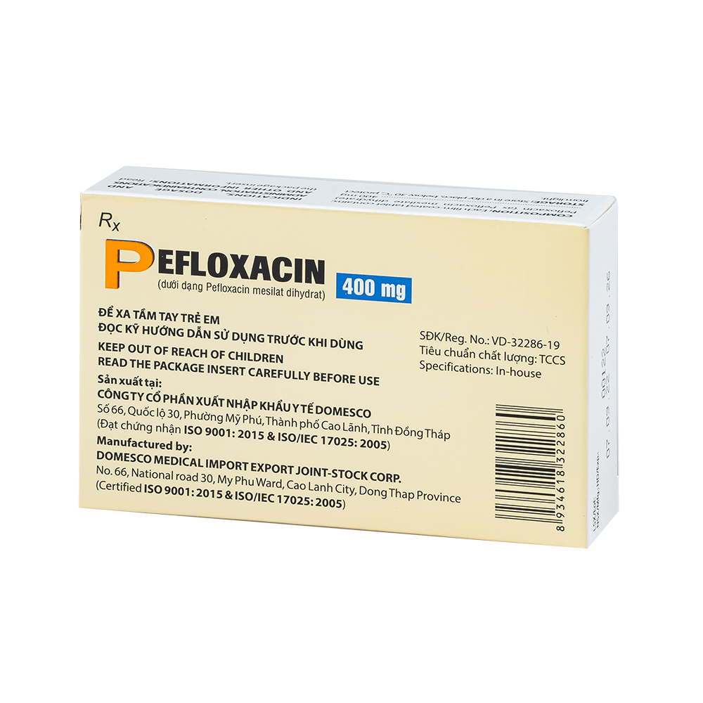 Pefloxacin 400 mg Hộp 2 vỉ x 10 viên Domesco