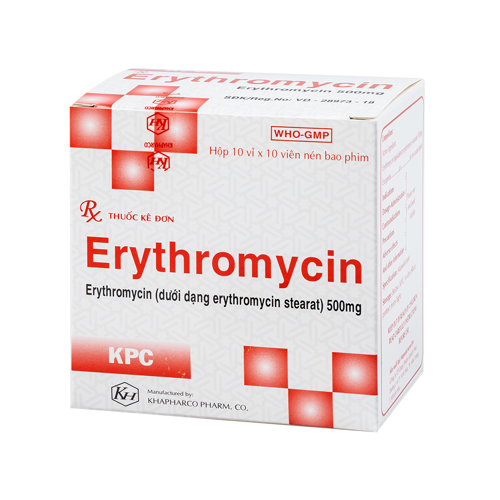 ERYTHROMYCIN 500mg Vbf Hộp 100 viên Khapharco
