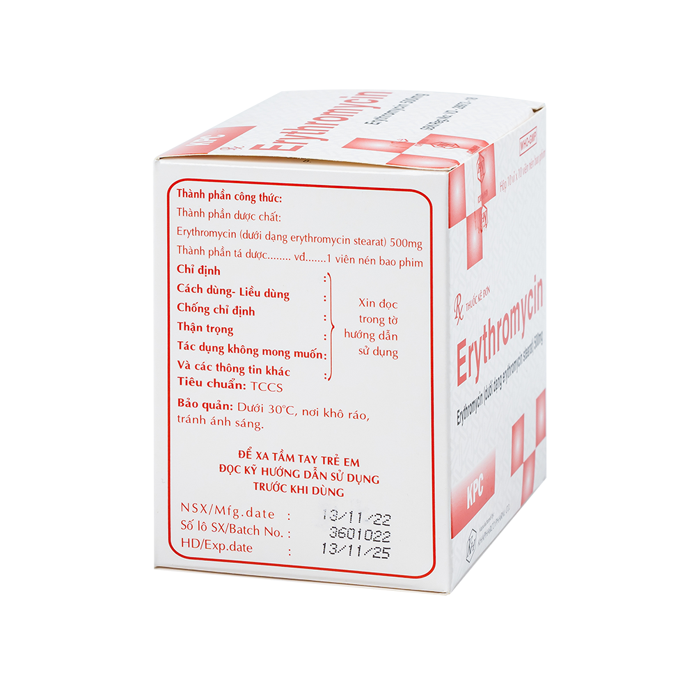 ERYTHROMYCIN 500mg Vbf Hộp 100 viên Khapharco