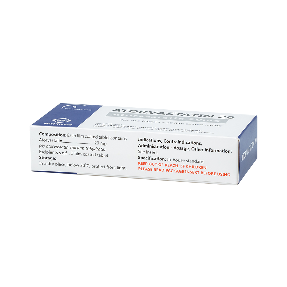 Atorvastatin 20mg Hộp 3 vỉ x 10 viên Medipharco