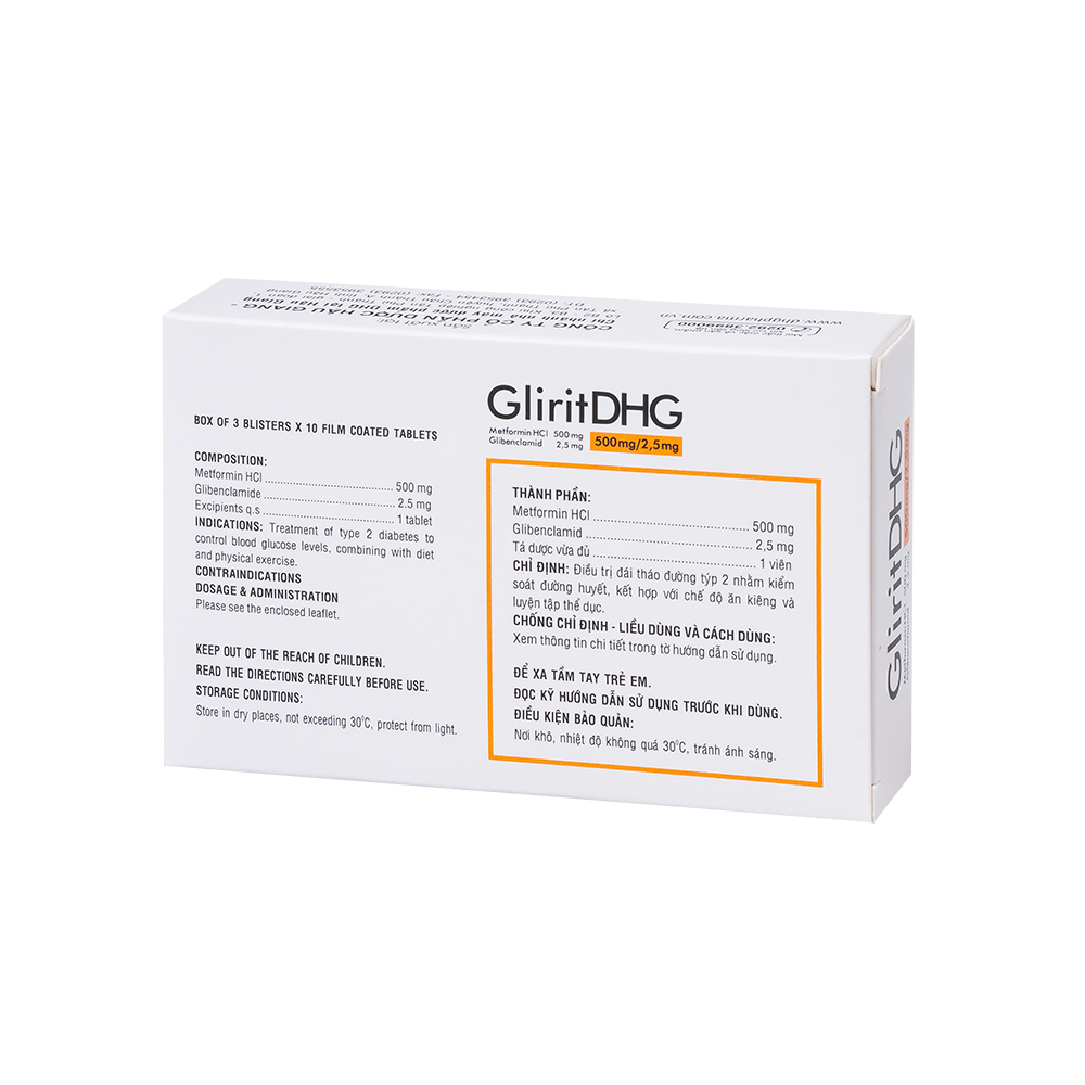 GliritDHG 500mg/2,5mg Hộp 3 vỉ x 10 viên DHG
