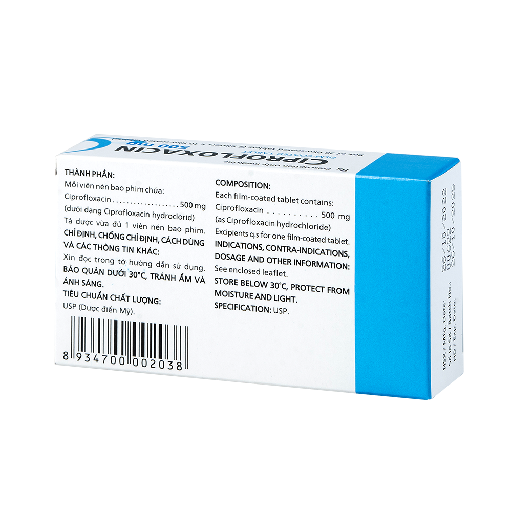 Ciprofloxacin 500 mg Hộp 2 vỉ x 10 viên Imexpharm