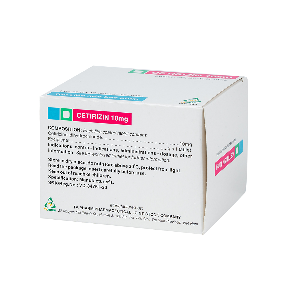 Cetirizin 10mg Hộp 10 vỉ x 10 viên TV.Pharm