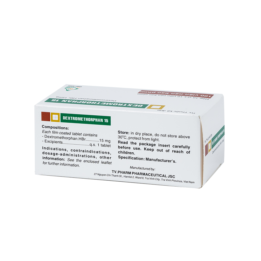Dextromethorphan 15mg Hộp 10 vỉ x 10 viên TV.Pharm