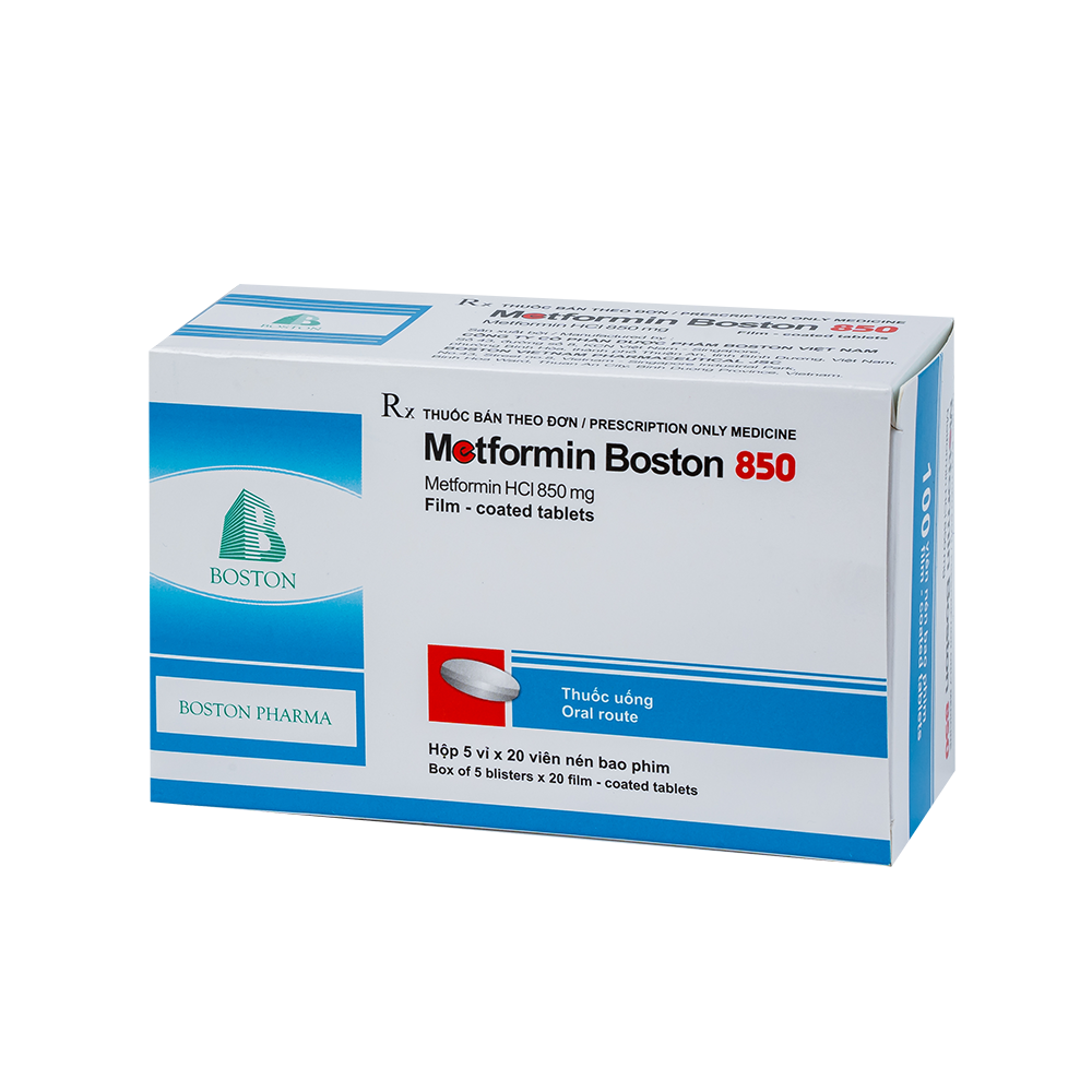 METFORMIN BOSTON 850 Hộp 5 vỉ x 20 viên nén bao phim Boston