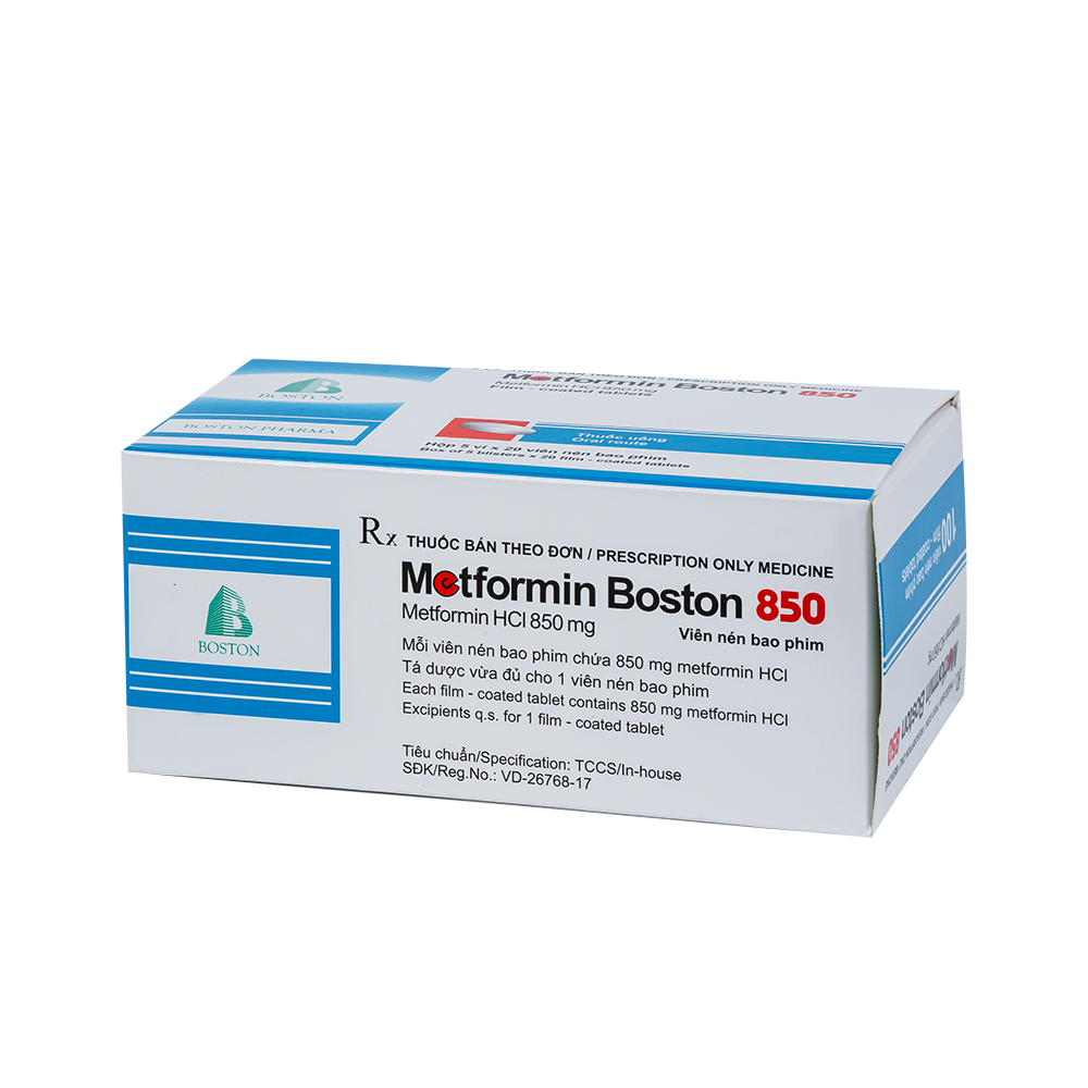 METFORMIN BOSTON 850 Hộp 5 vỉ x 20 viên nén bao phim Boston