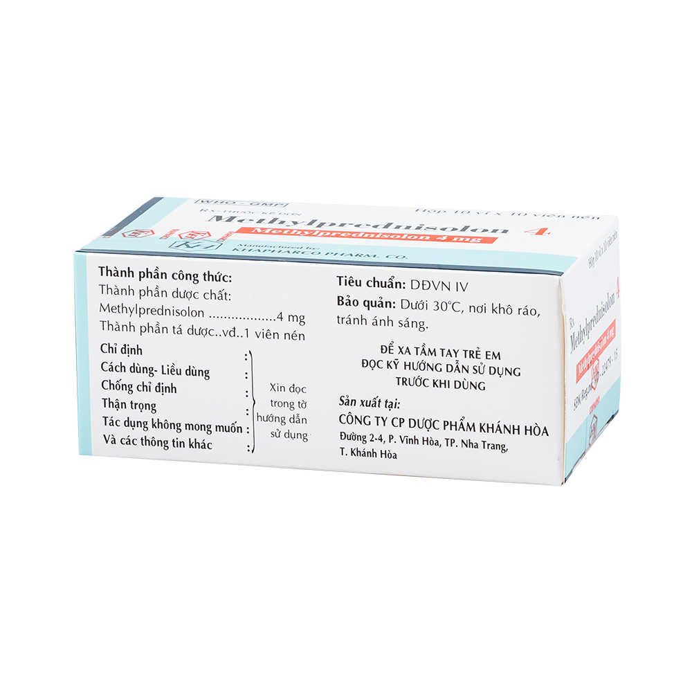 METHYL PREDNISOLON 4mg (Vỏ sò 2 lớp trắng - xanh, hộp Metallized) Hộp 100 viên Khapharco