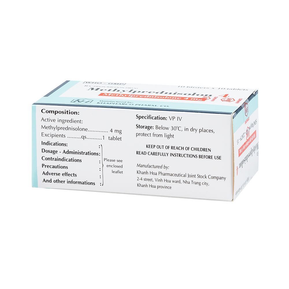 METHYL PREDNISOLON 4mg (Vỏ sò 2 lớp trắng - xanh, hộp Metallized) Hộp 100 viên Khapharco