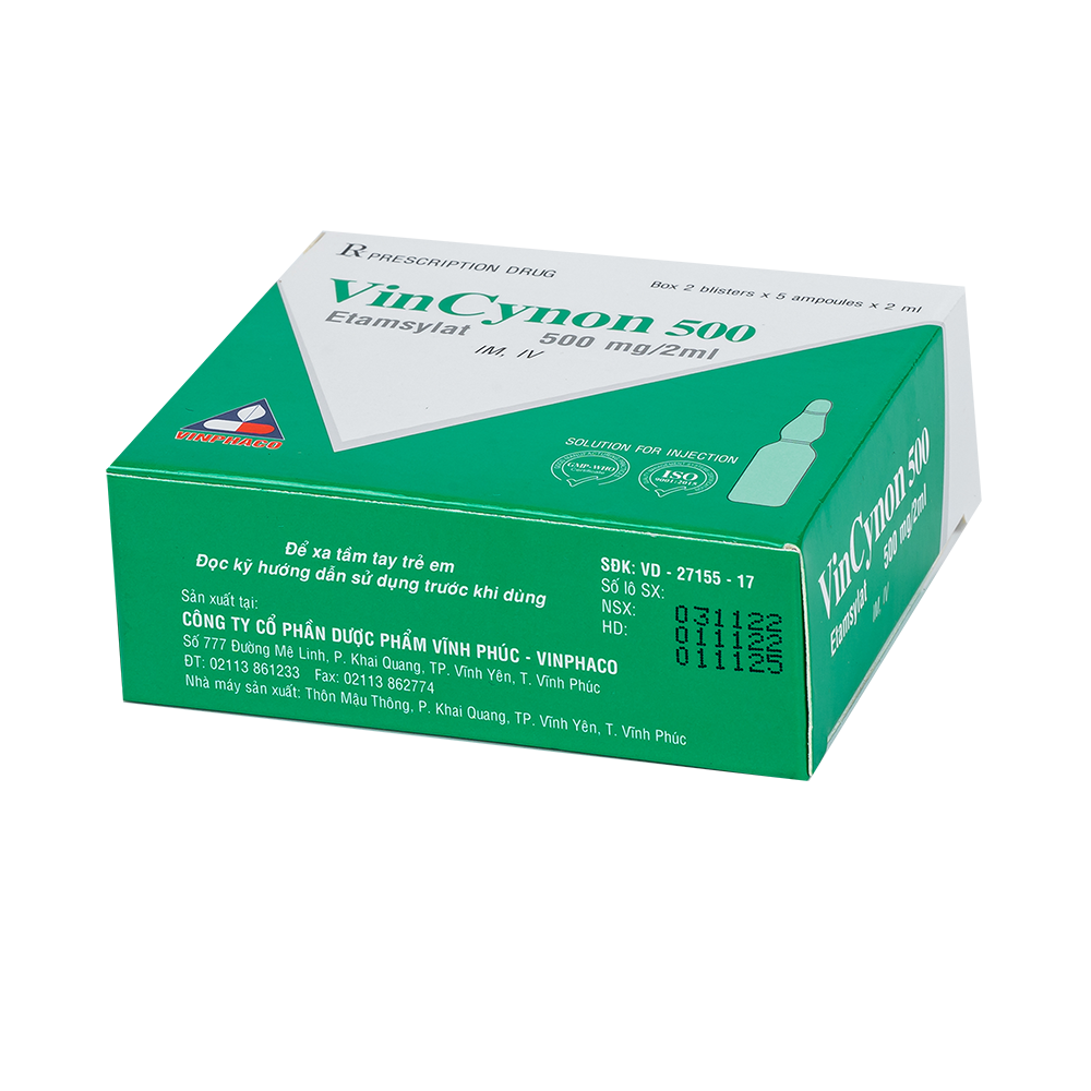 Vincynon 500 (Etamsylat 500mg/2ml) Hộp 2 vỉ x 5 ống VINPHACO