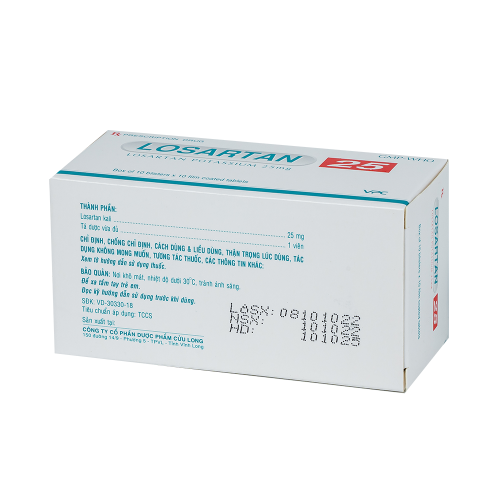 LOSARTAN 25 Hộp 10 vỉ x 10 viên Dược Cửu Long