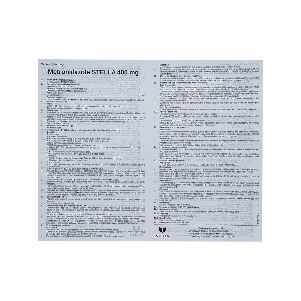 Metronidazole Stella 400 Hộp 2 vỉ x 7 viên Stella