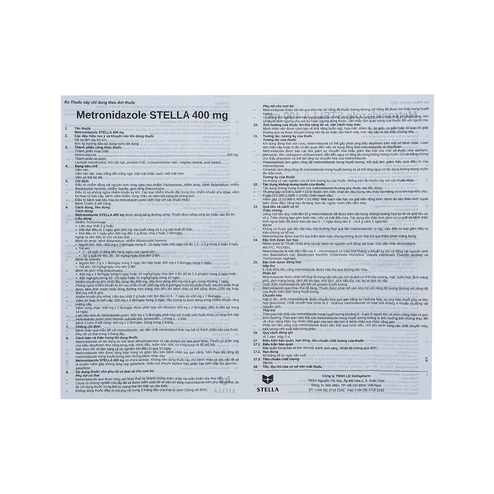 Metronidazole Stella 400 Hộp 2 vỉ x 7 viên Stella