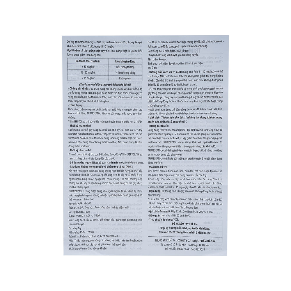 Trimeseptol nén vỉ Hộp 25 vỉ x 20 viên  Hataphar