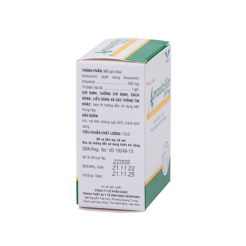 Amoxicilin 250mg H/12 gói Hộp 12 Gói Bidiphar