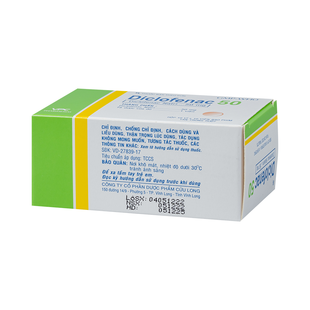 DICLOFENAC 50mg Hộp 10 vỉ x 10 viên Dược Cửu Long