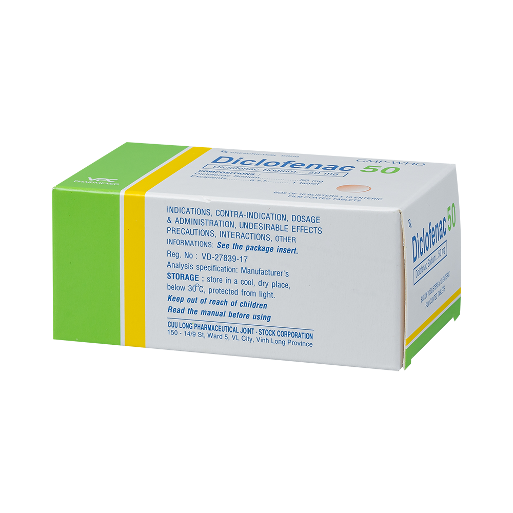 DICLOFENAC 50mg Hộp 10 vỉ x 10 viên Dược Cửu Long