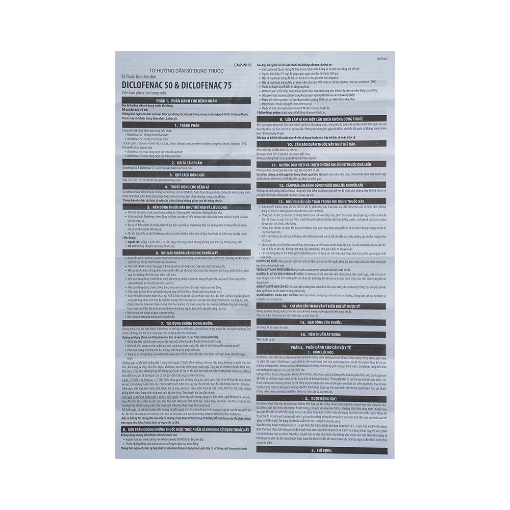 DICLOFENAC 50mg Hộp 10 vỉ x 10 viên Dược Cửu Long