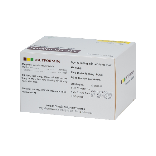 Metformin 1000mg v/10, h/100 Hộp 10 vỉ x 10 viên TVPharma