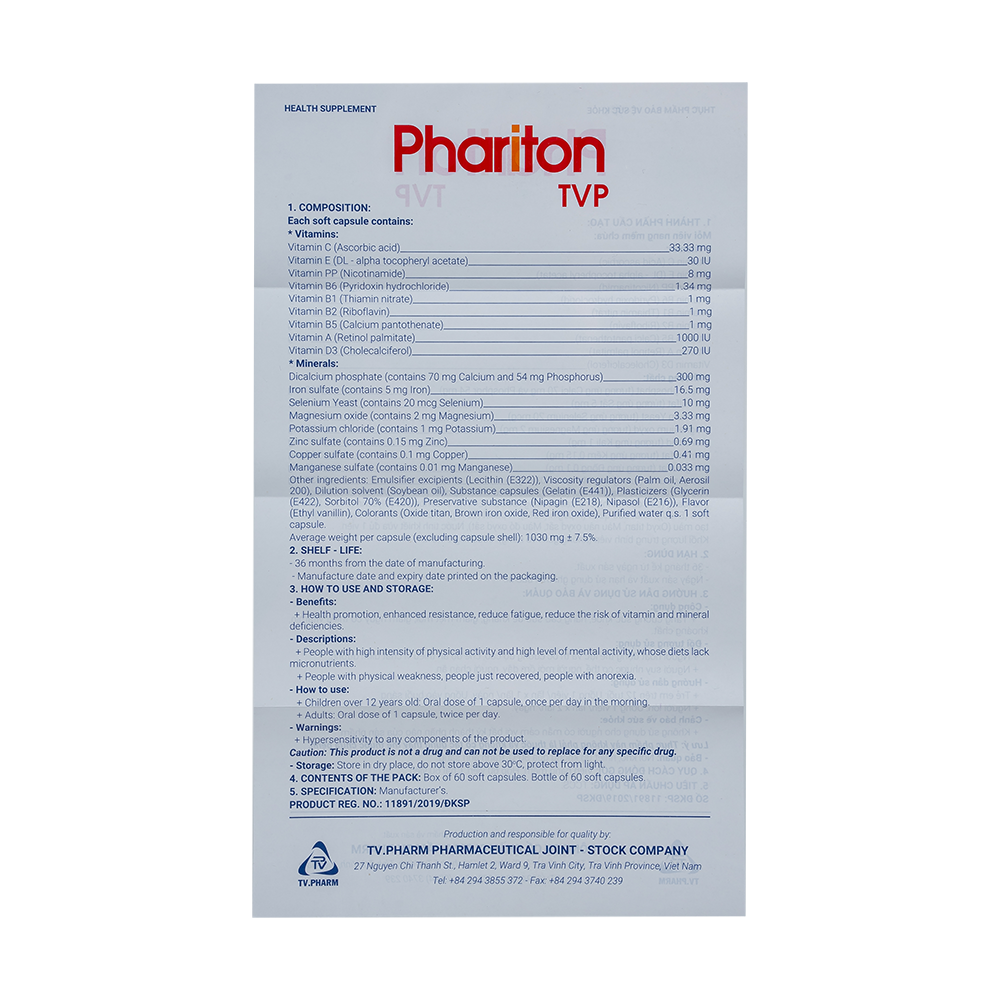 Phariton TVP v/5,h/60 Hộp 12 vỉ x 5 viên TVPharma
