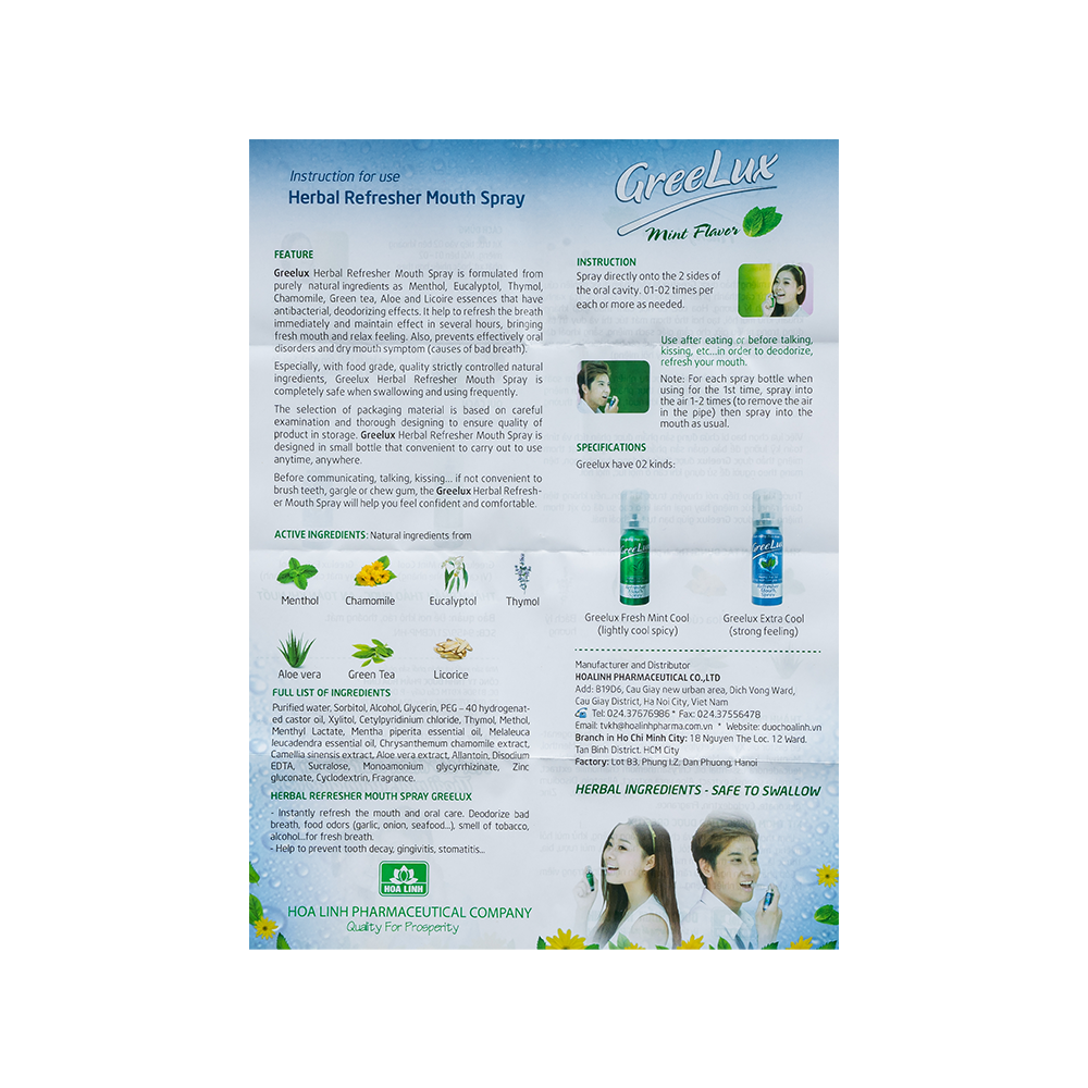 Xịt thơm miệng Greelux Fresh Mint Cool 12ml (Lá) Lọ 12 ml Hoa Linh