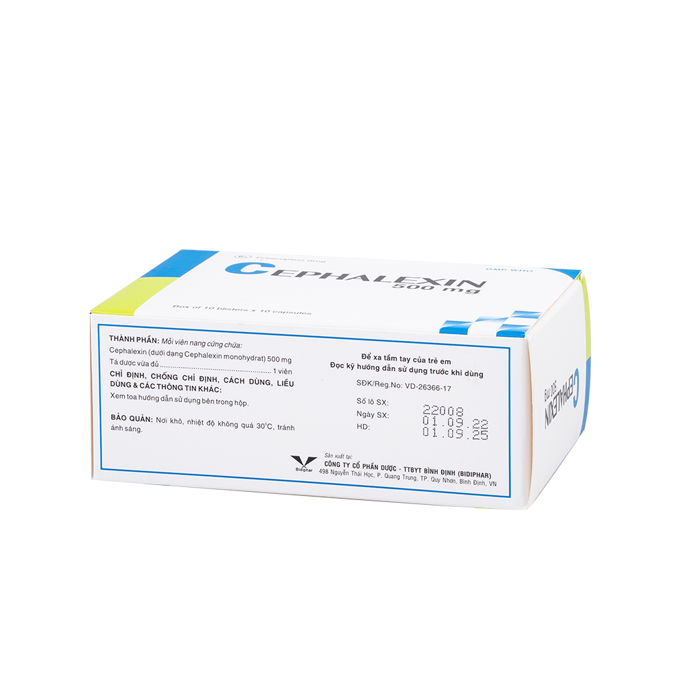 Cephalexin 500mg (vỉ dài) H/100 Hộp 10 Vỉ x 10 Viên Bidiphar