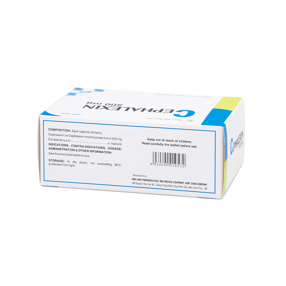Cephalexin 500mg (vỉ dài) H/100 Hộp 10 Vỉ x 10 Viên Bidiphar