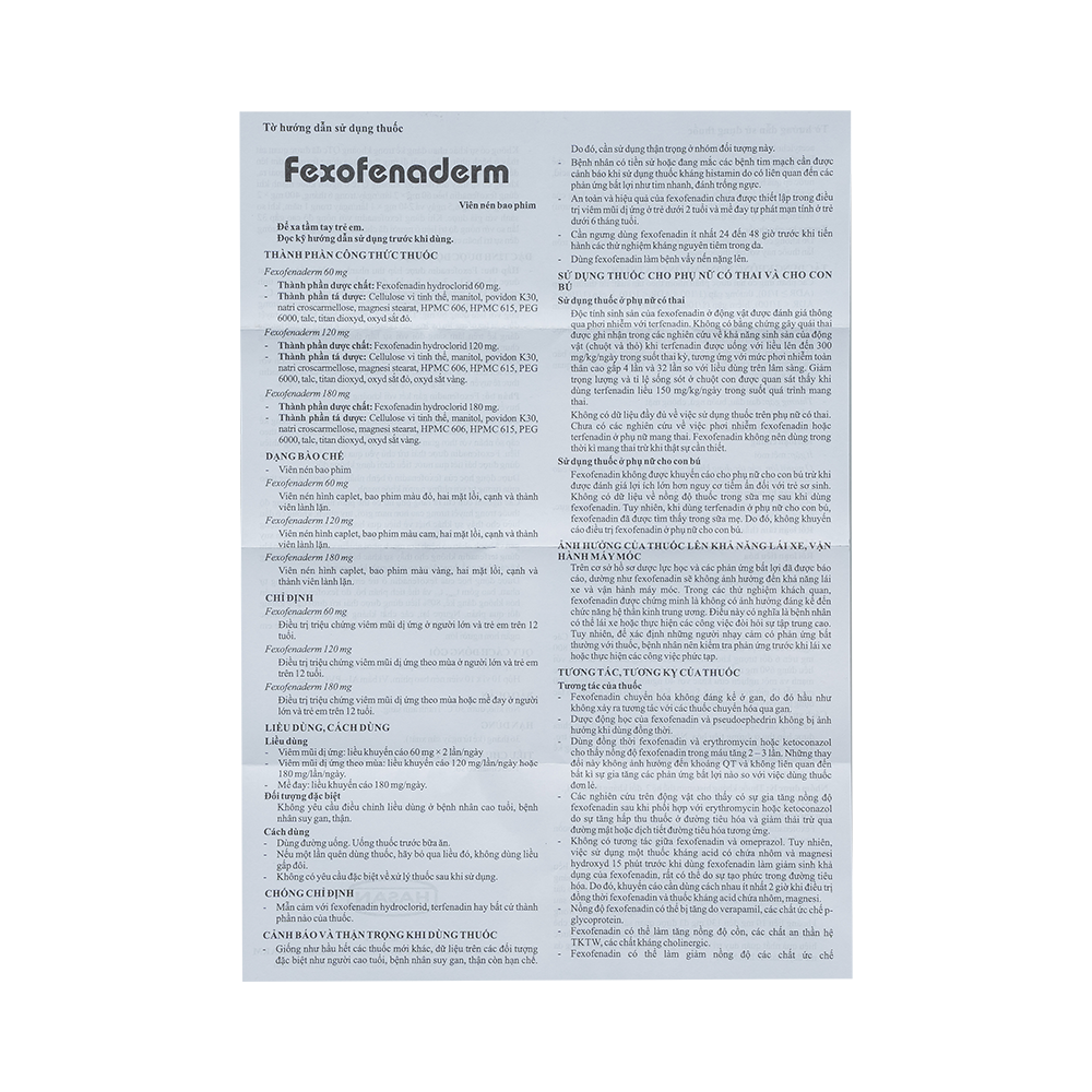 FEXOFENADERM 120MG HỘP/100V NÉN HASAN