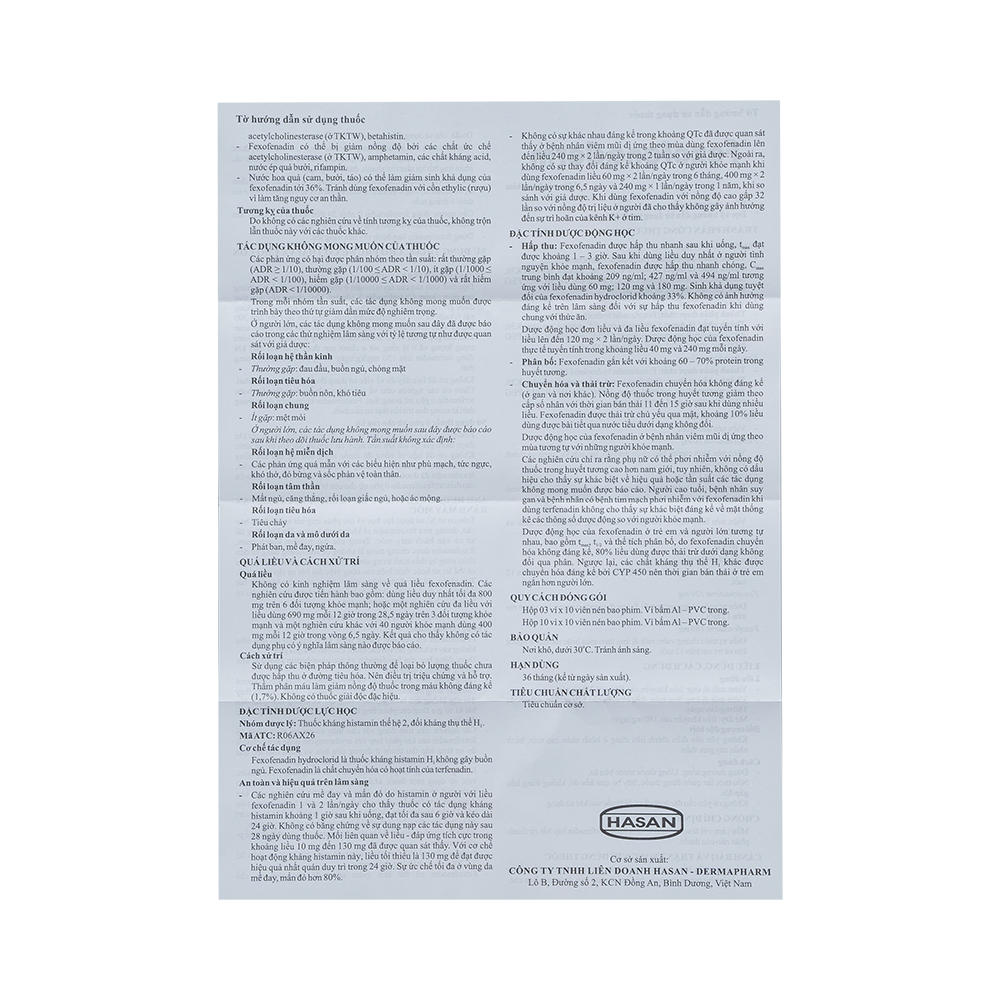 FEXOFENADERM 120MG HỘP/100V NÉN HASAN