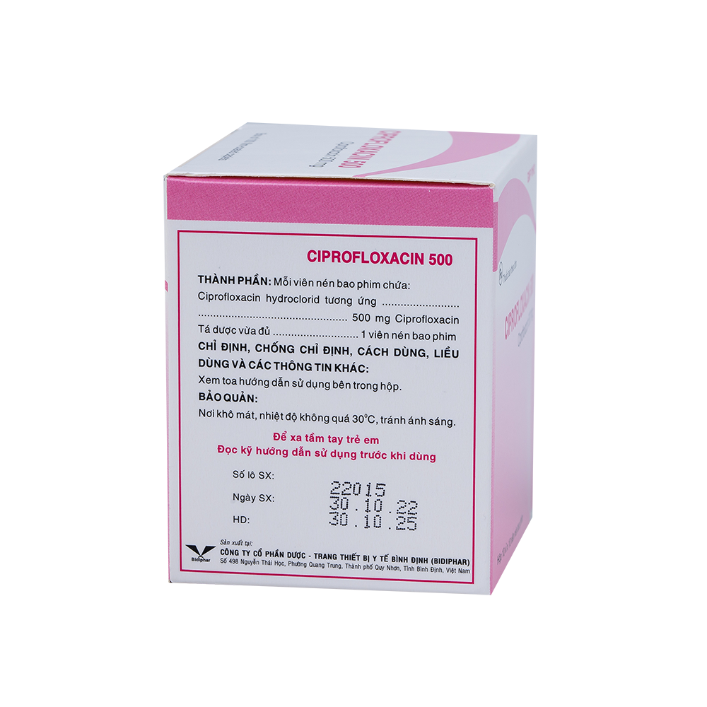 Ciprofloxacin 500 (hồng) H/100 Hộp 10 Vỉ x 10 Viên Bidiphar