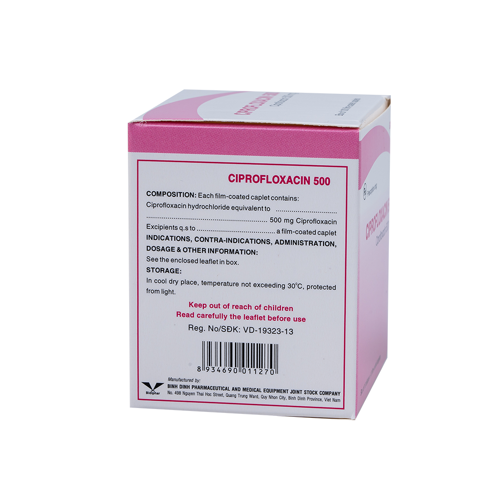 Ciprofloxacin 500 (hồng) H/100 Hộp 10 Vỉ x 10 Viên Bidiphar