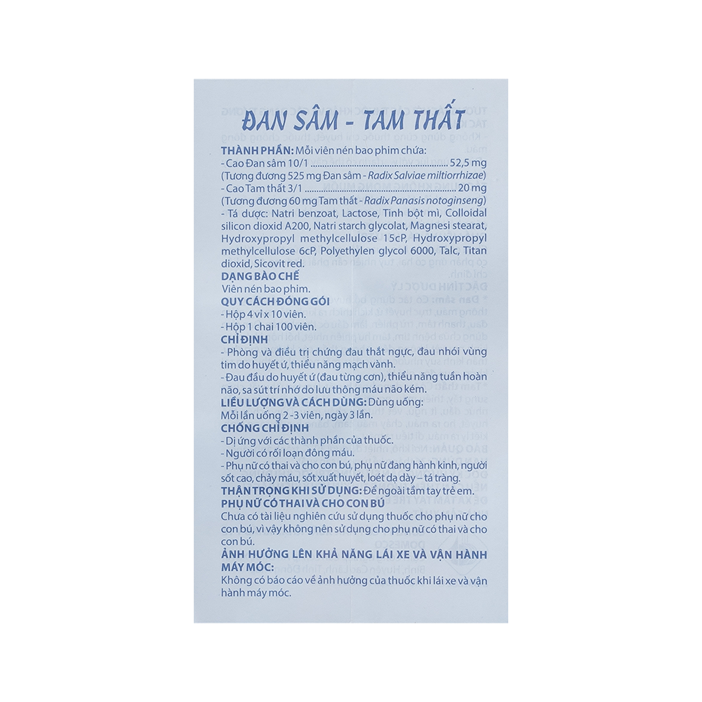 Đan sâm - Tam thất Hộp 4 vỉ x 10 viên Domesco