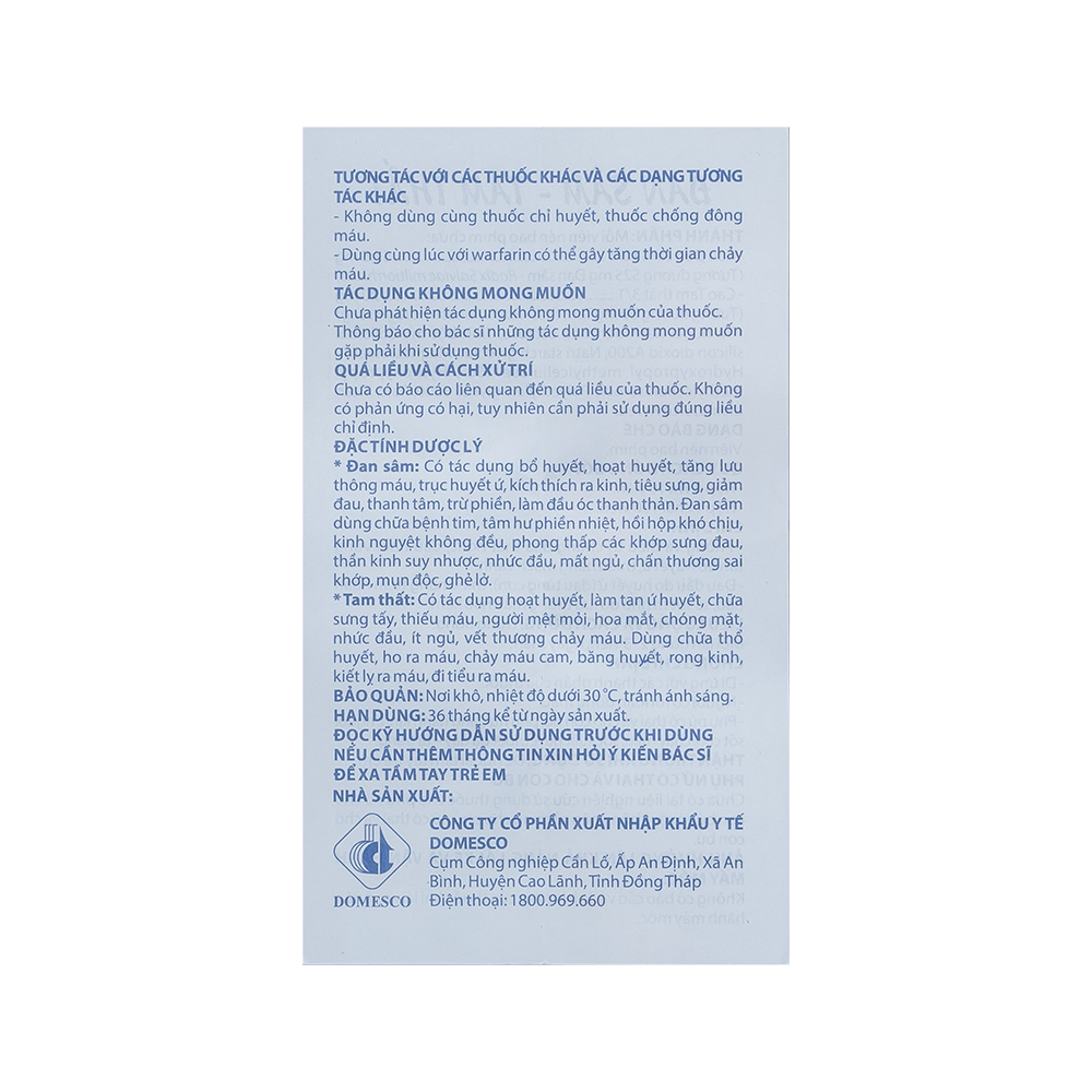 Đan sâm - Tam thất Hộp 4 vỉ x 10 viên Domesco