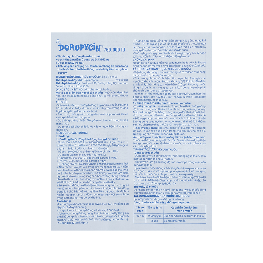 Doropycin 750.000 IU Hộp 20 gói x 3g Domesco