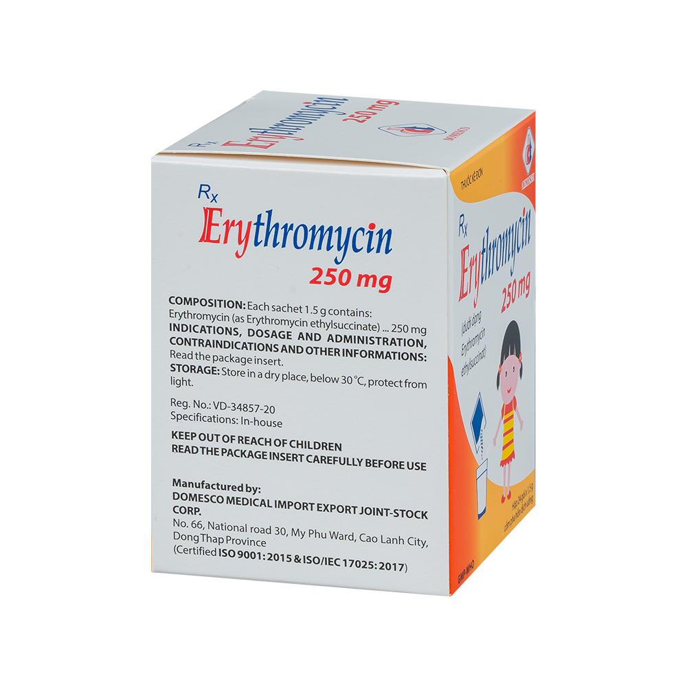 Erythromycin 250 mg Hộp 24 gói x 1,5g Domesco